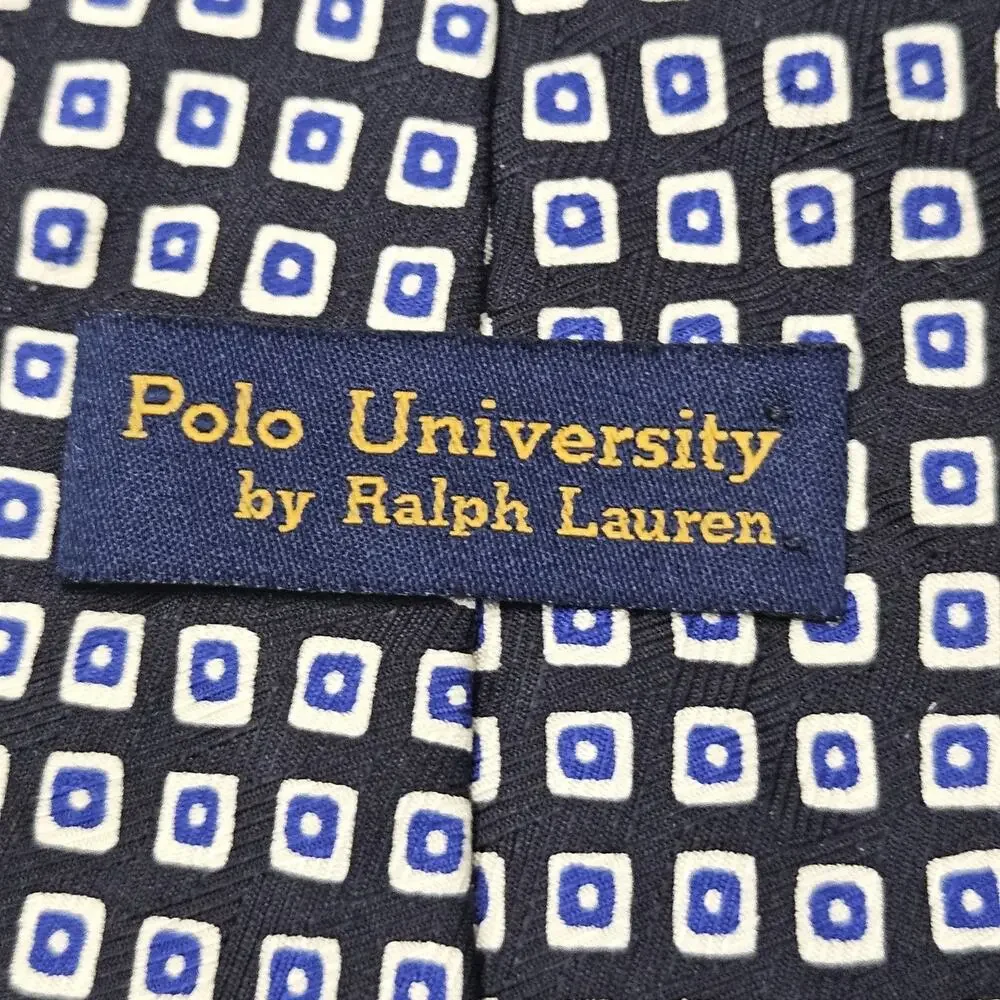 Polo University Ralph Lauren Necktie Black White Geometric Squares 100% Silk USA